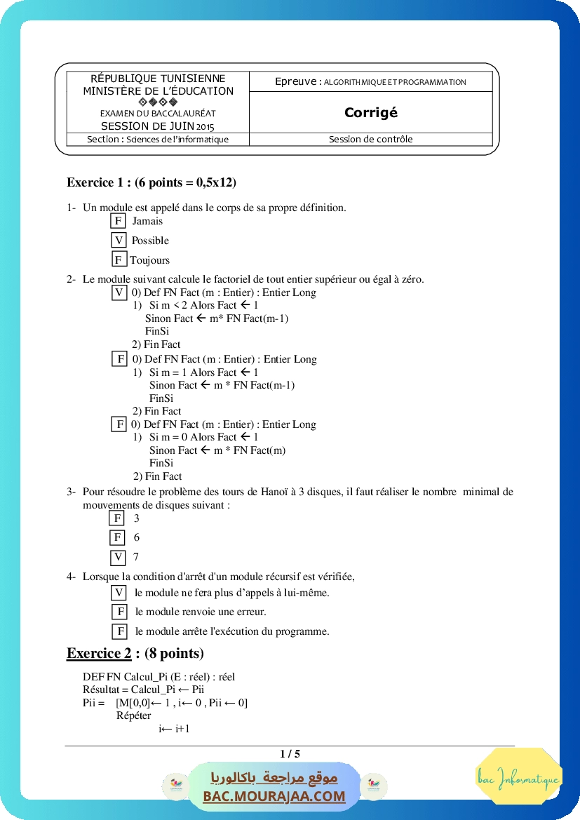 Corrigé controle algorithme Bac 2015 – Section info